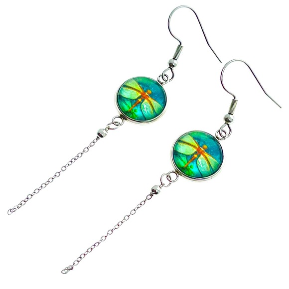 Emerald Dragonfly Chain Dangler Earrings - Picture 1 of 5